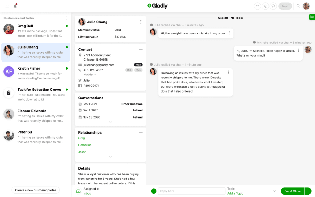 Chat Conversation on Gladly with user profile