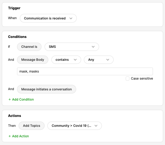Image showing how to automatically apply a Topic to a received SMS in Gladly