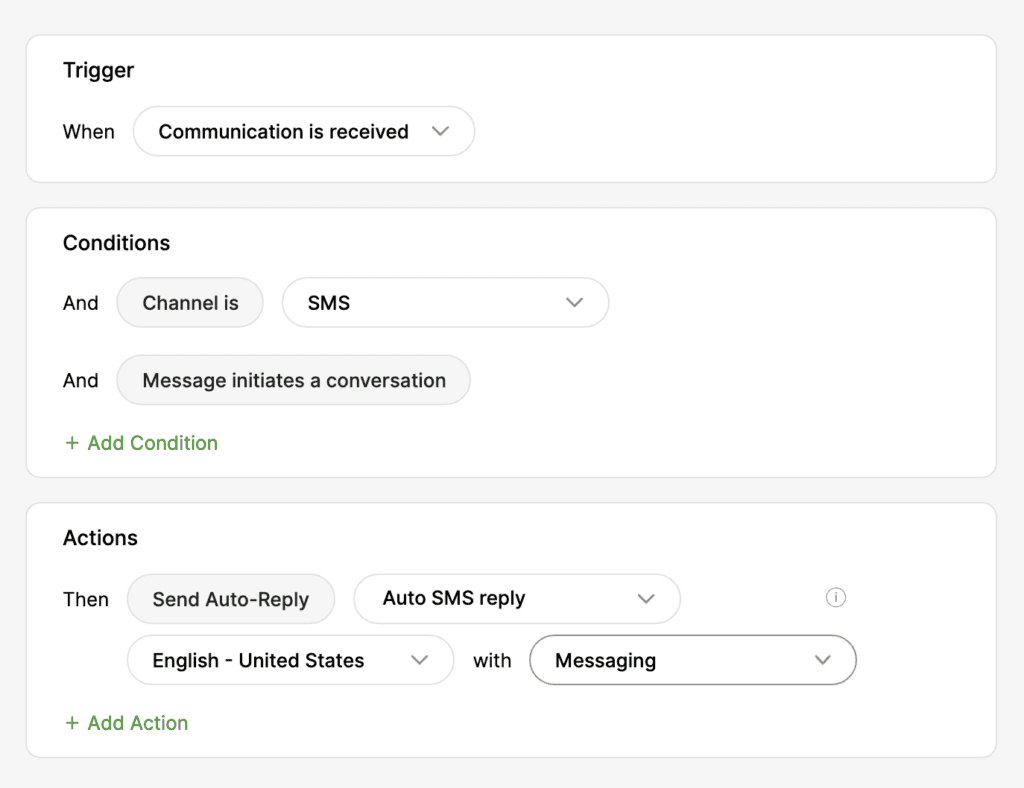 Image showing how to configure SMS auto replies in Gladly