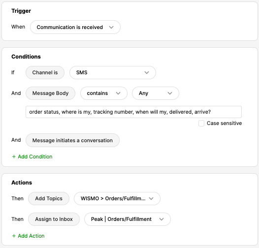 Image showing how to route SMSes to specific Inboxes and apply Topics in Gladly