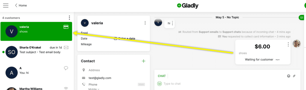 payment request on the my customer list